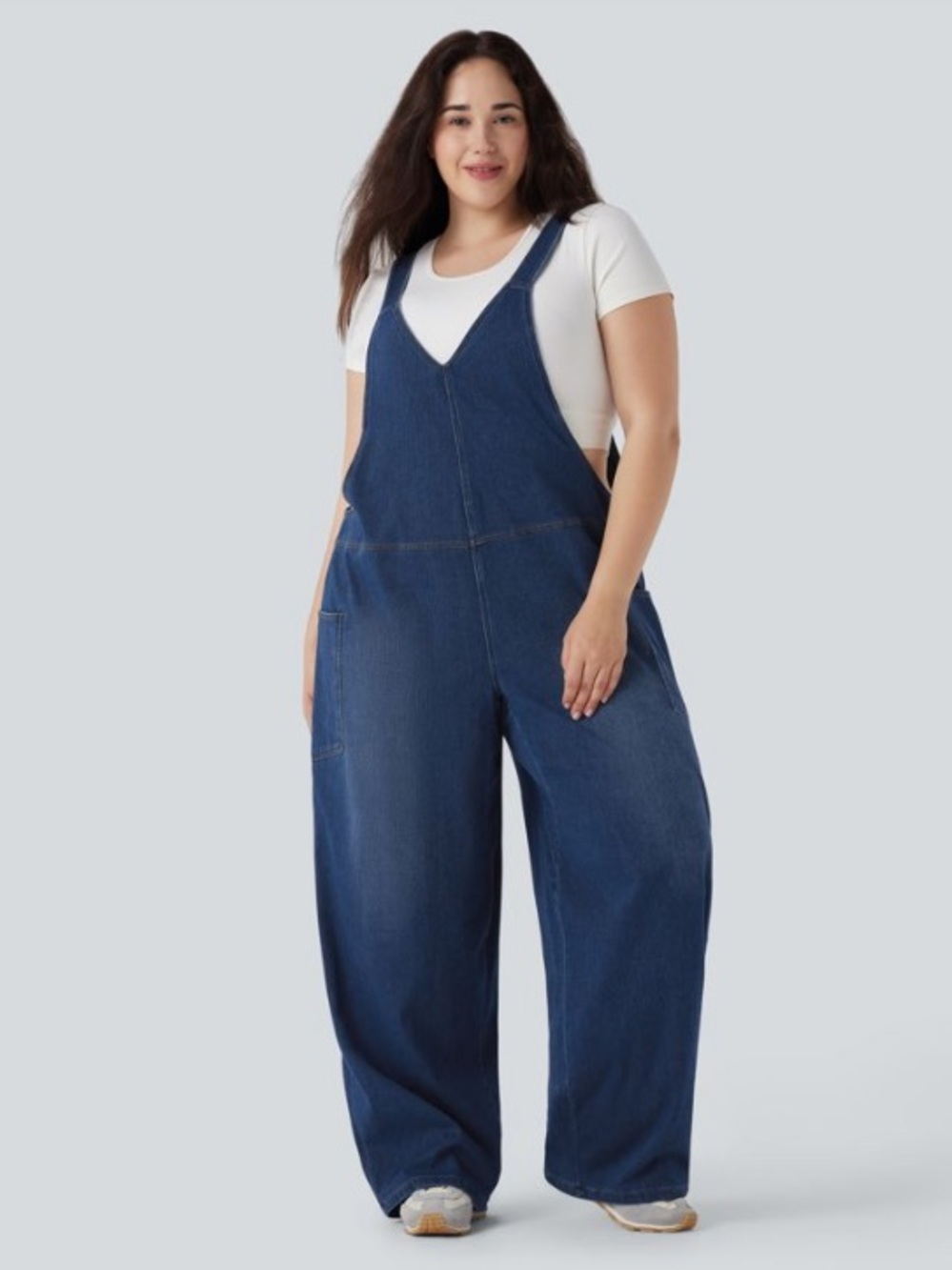 Halara Flex v-neck washed Blue Denim sleeveless overalls - Picture 7 of 11